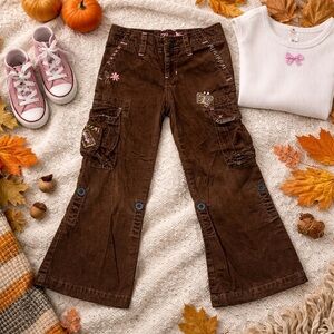 Vintage 2003 GAP Kids Brown Embroidered Cargo Pants Size 4R Y2K Flare Leg